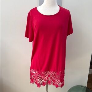 Lane Bryant Red Tee shirt Tunic with Lace Laser-cut Fringe